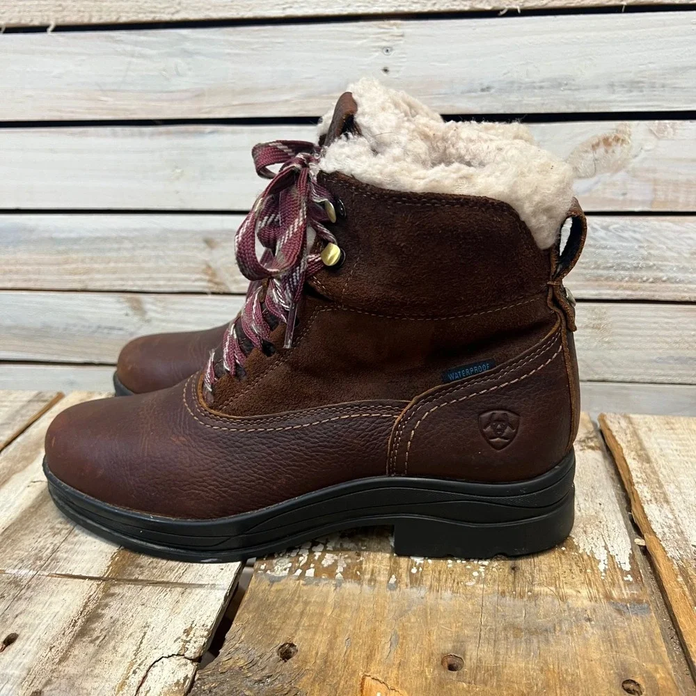 Ariat Brown Leather Harper Waterproof Sherpa Lined Lace Up Boots 8.5B 10038296